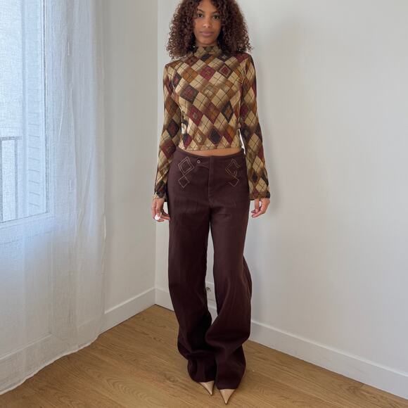 Vintage Italian chocolate brown wide-leg trousers with embroidered details (S/M) - Picture 6 of 10